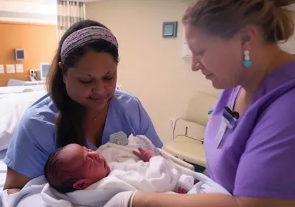 A midwife and a nurse looking at a newborn baby
