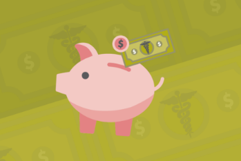 Image of a pink cartoon piggy bank on a patterned dollar background of dollars. The dollars have the medical caduceus symbol where the president's head would normally be.