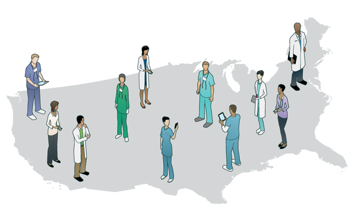 Illustration of the contiguous United States with various health professionals standing on it