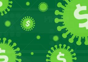Illustration with green dollar signs floating in virus shapes