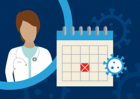 Illustration of a doctor, calendar, and a floating virus