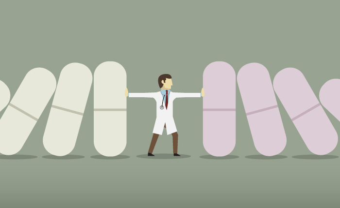Illustration of a doctor standing between two rows of human-sized pills holding them back from falling on him