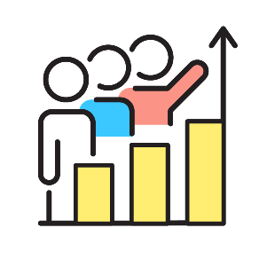 Graphic icon of an upward trending bar chart with yellow bars, with three stick figures behind the chart positioned to mimic the upward trend.