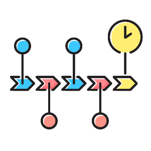 Icon of a process chart - five arrow shapes leading to a clock at the end