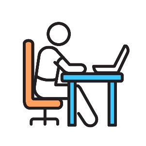 Icon of a person sitting at a desk working at a laptop