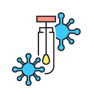 Icon of a COVID-19 test vial with two stylized SARS-CoV-2 viruses