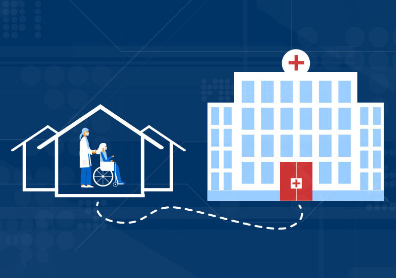 Illustration of a hospital and a series of houses. In one of the houses a patient is in a wheelchair and a nurse is pushing the chair. A dashed line connects the house to the hospital entrance.