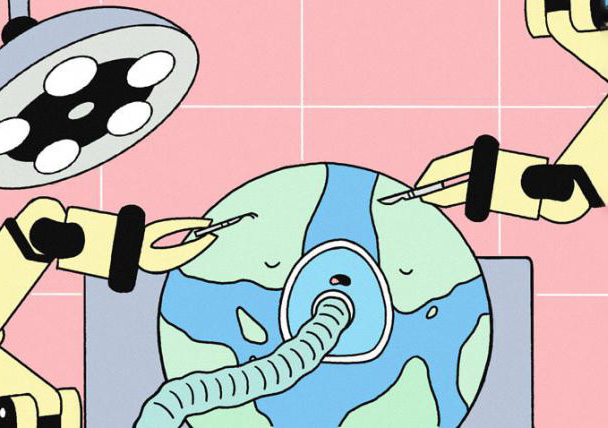 Illustration showing two robotic surgery arms operating on planet earth. Planet earth has an anesthesia mask on.