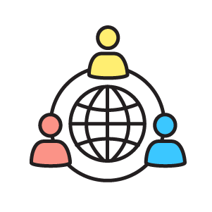 Icon of three people around a wireframe globe, each person is connected to two others with a curved line