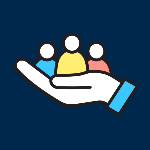 Icon of a hand holding three people on a blue background