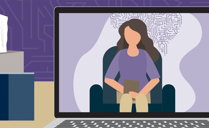 Illustration of a patient on a computer screen during a telehealth session