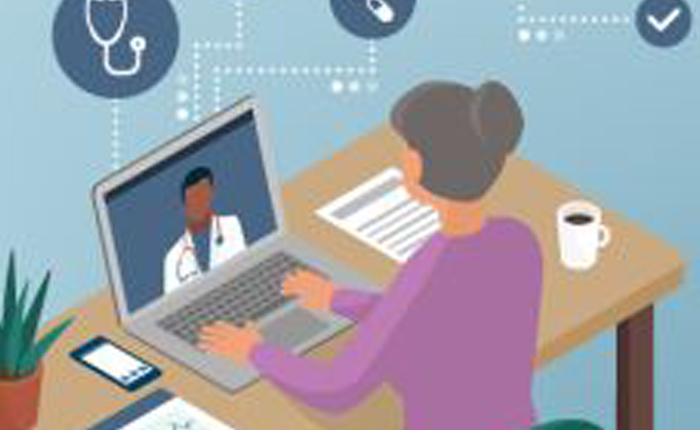 Illustration of a patient in a telehealth session with their doctor on the screen