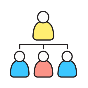 Icon of four people - arranged like an org chart - one slightly larger person above three others with a line indicating the three are at the same level