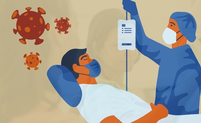 Illustration of a patient receiving an infusion while stylized SARS-CoV-2 viruses float in the air