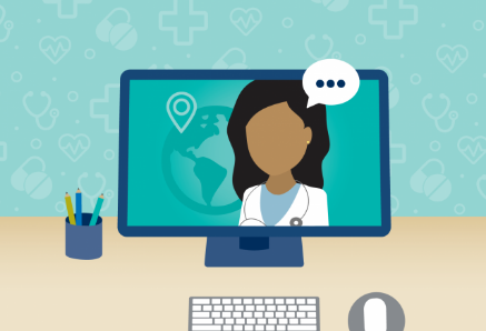 Illustration showing a physician on a computer screen during a telehealth session