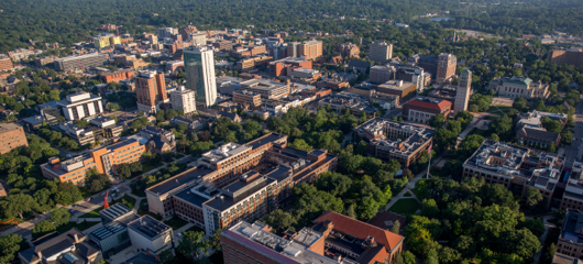 photograph of an arial view of University of Michigan's central campus