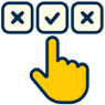 icon: finger pointing towards three decision buttons, middle button is a check mark the other two are Xs