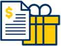 icon: sheet of lined paper with a big dollar sign overlays a wrapped present