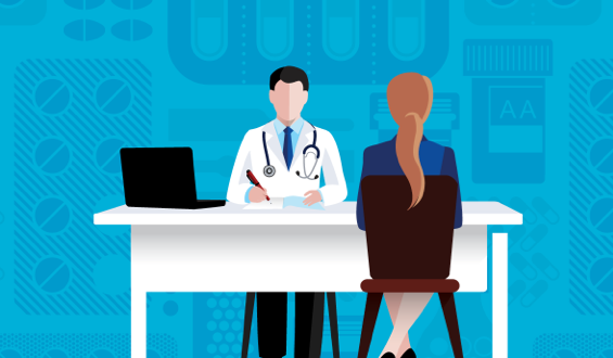 cartoon graphic of doctor at his desk speaking with a seated female patient