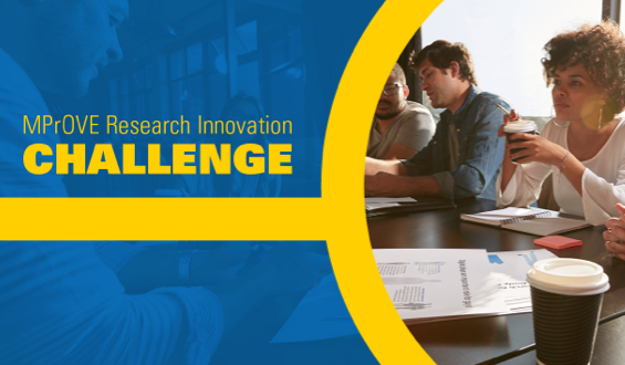graphic for the MPrOVE Research Innovation Challenge, picture on right-hand side is of people at a business meeting seated at a table drinking coffee