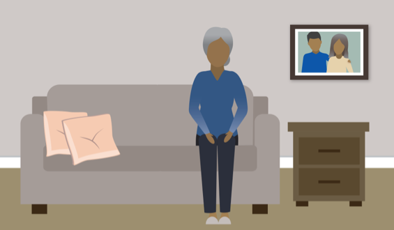 cartoon graphic of old woman sitting on a couch in a living room