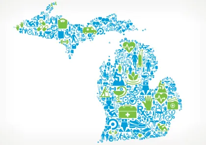 State of michigan outline with health icons