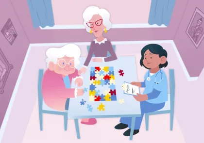 Senior women doing a puzzle with a younger caregiver