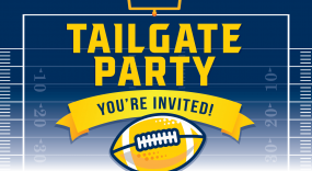 Top down view of football field with the title Tailgate Party, Save the Date! in the endzone and a yellow football below it
