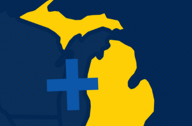 A map of Michigan with a Medicaid expansion symbol