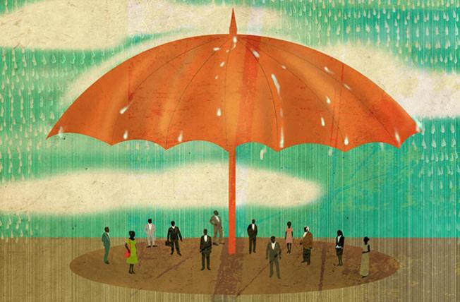 Illustration of a giant umbrella with 12 people under it