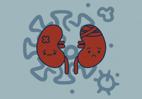 Sad kidneys surrounded by COVID